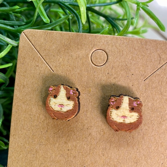 Hand Painted Guinea Pig Wood Stud Earrings - Picture 1 of 1